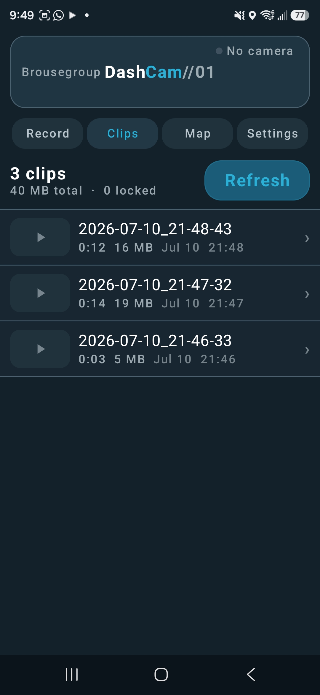 Ridgeline Dashcam clips screen showing saved video recordings