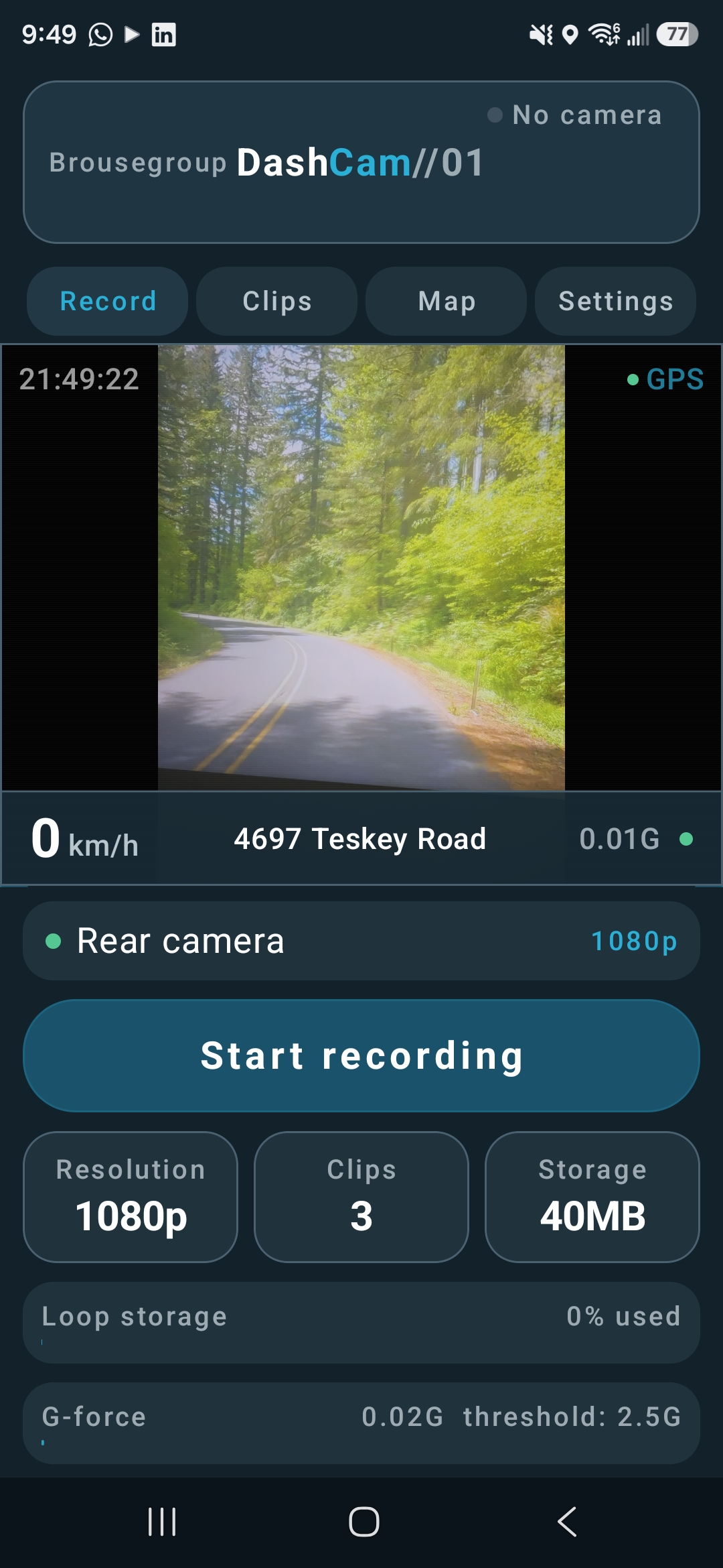 Ridgeline Dashcam record screen with live camera preview and storage stats