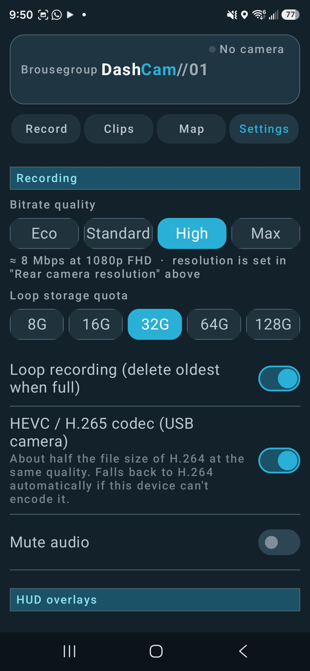 Ridgeline Dashcam recording settings screen with bitrate and HEVC options