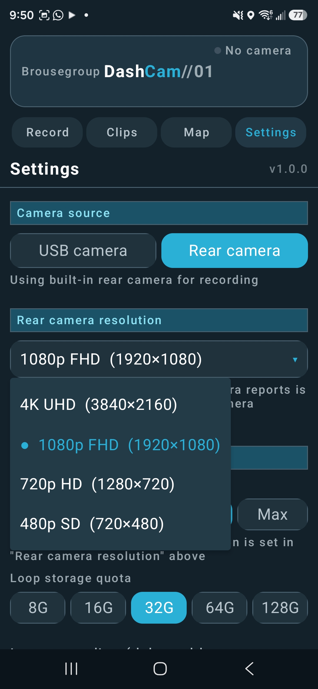 Ridgeline Dashcam resolution settings screen