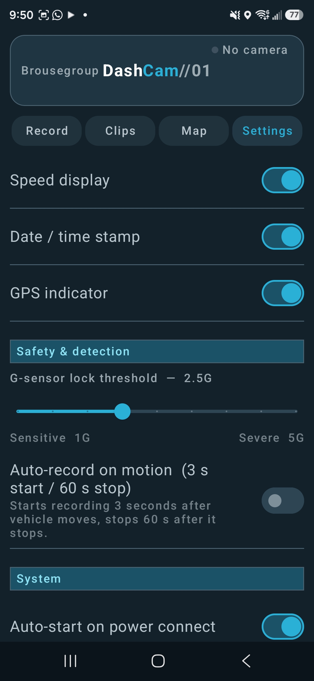 Ridgeline Dashcam safety detection settings screen