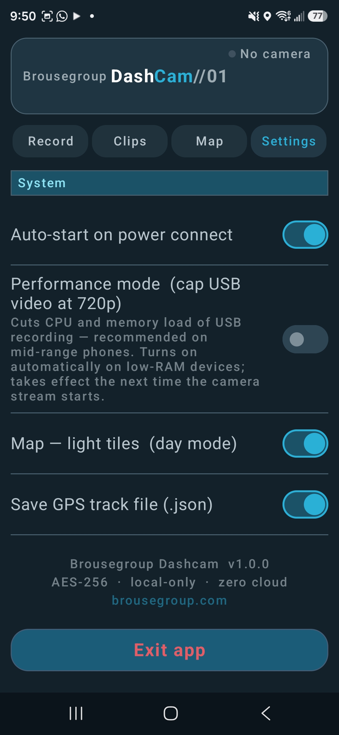Ridgeline Dashcam system settings screen