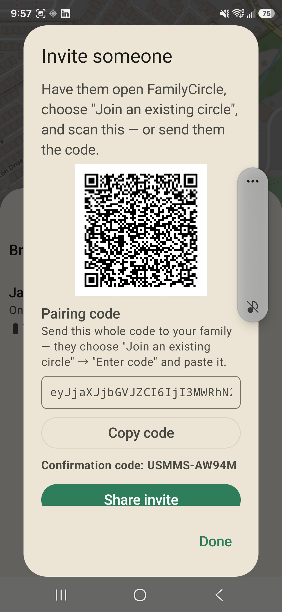 FamilyCircle invite screen with QR code and pairing code