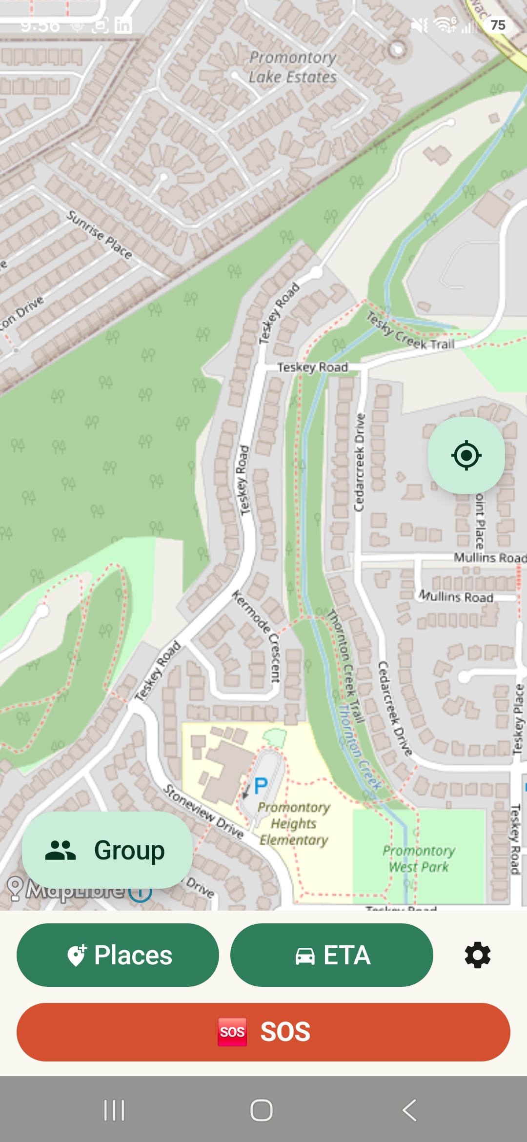 FamilyCircle map screen with places, ETA, group, and SOS controls