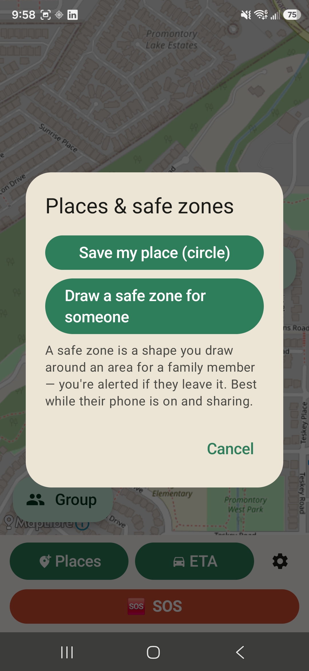 FamilyCircle places and safe zones dialog